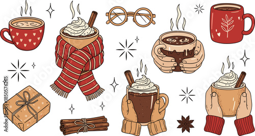 Cozy winter vector illustration set with hot drinks, glasses, gift and cinnamon sticks perfect for creating cards, invitations, posters, and other designs