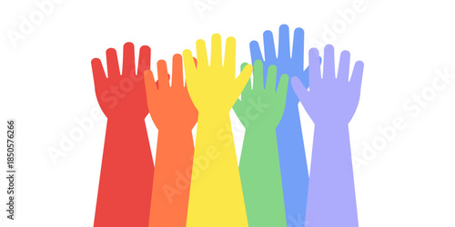 People raising rainbow hands. Community, support, diversity, care, society, peace, LGBTQIA concept. Suitable for posters, banners, and brochures.  Flat people vector design isolated illustration.