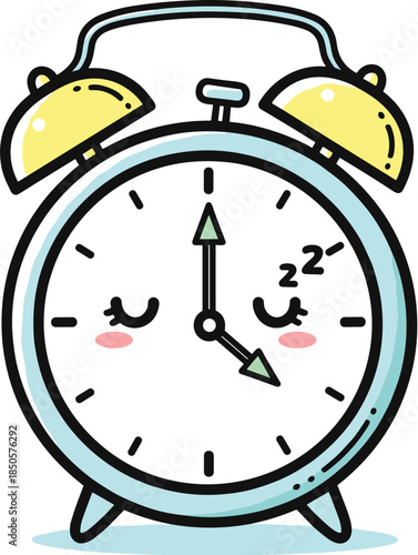Cute alarm clock with sleepy face isolated on white background illustration of a cartoon clock with closed eyes and zzz symbols, indicating sleep or rest time