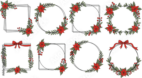 Set of decorative christmas frames with poinsettia flowers, fir branches and berries isolated on white background festive winter floral borders for cards and invitations