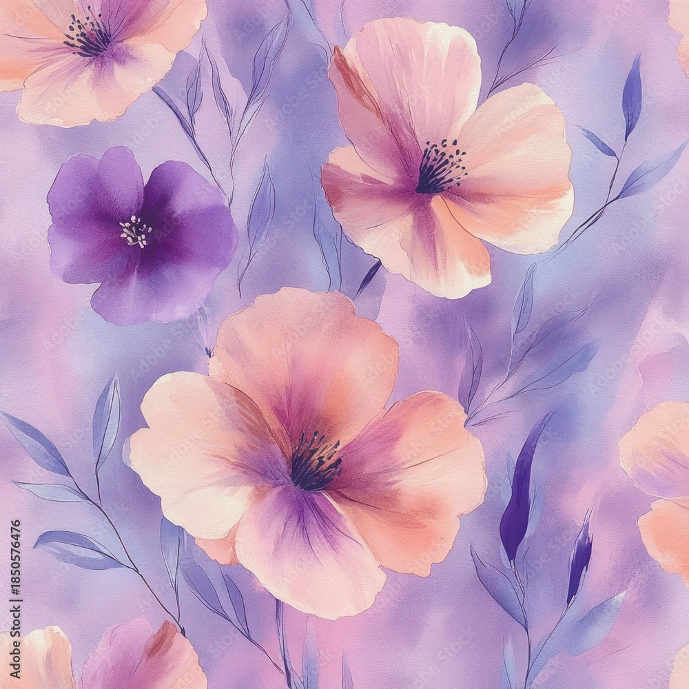 custom made wallpaper toronto digitalsoft watercolor floral pattern with large peach and purple blossoms and delicate blue leaves on a lavender background, evoking dreamy gentle serenity