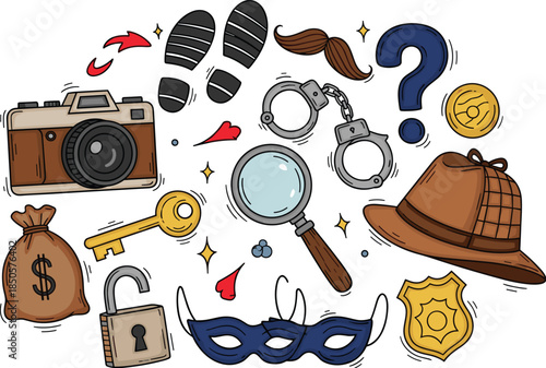 A whimsical cartoon illustration featuring detectivethemed elements such as a camera, footprints, a magnifying glass, and a detective hat isolated on white background