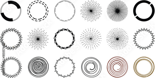 A collection of twenty circular design elements isolated on white background, each with a unique pattern and style, perfect for adding a decorative touch to any project