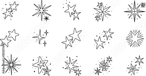 Collection of handdrawn star illustrations isolated on white background, perfect for adding a touch of magic and whimsy to your designs and creative projects
