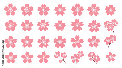 Simple pink cherry blossom flower vector icon set
