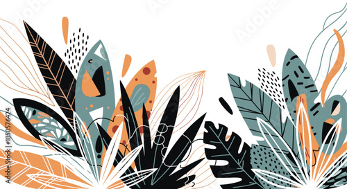 Abstract botanical illustration featuring stylized tropical leaves and foliage in a vibrant, modern design, perfect for backgrounds or decorative elements.