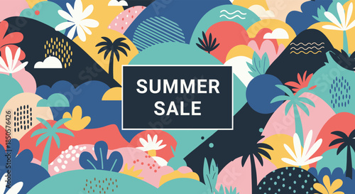 Vibrant summer sale advertisement featuring a playful abstract tropical landscape design.