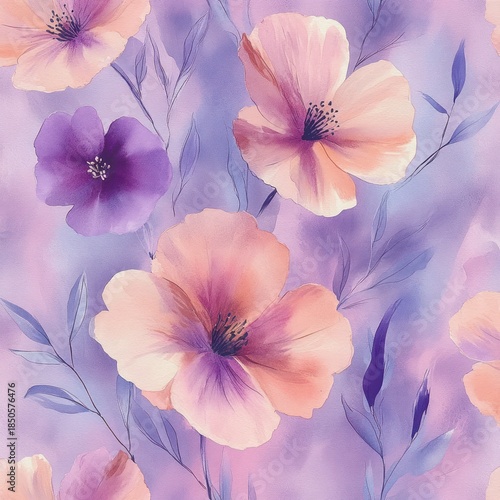 Wallpaper Mural soft watercolor floral pattern with large peach and purple blossoms and delicate blue leaves on a lavender background, evoking dreamy gentle serenity Torontodigital.ca