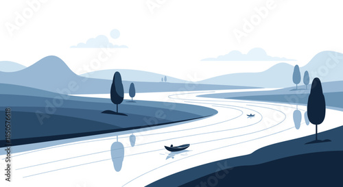 Serene blue landscape illustration with a winding river, distant mountains, and trees, featuring small boats and their reflections.