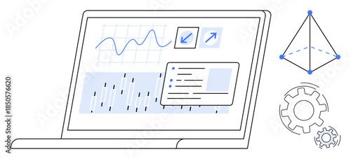 Analytics, automation, data science, optimization, algorithms, software. Laptop with graphs, charts and geometric icons. Analytics and automation concept tools for optimization and software design