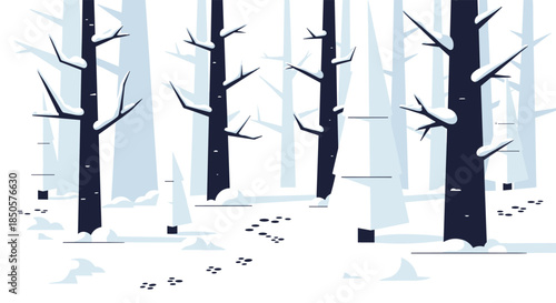 A stylized graphic illustration depicting a peaceful winter forest scene with snow-covered bare trees and animal tracks on fresh snow.