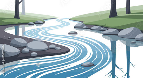 A serene winding river flows through a calm natural landscape with lush green banks, trees, and scattered rocks, reflecting the peaceful environment.