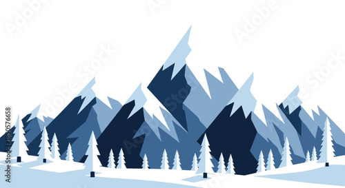 A serene winter mountain landscape featuring snow-covered peaks and evergreen trees, rendered in a flat, geometric design with cool blue tones.
