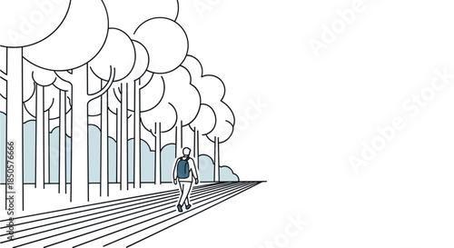 A person with a backpack walks on a path alongside a stylized forest with tall trees and distant bushes.