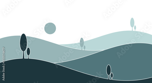Stylized minimalist landscape showcasing rolling hills, a tranquil sky with a sun, and slender trees in a calming blue-green and white palette.