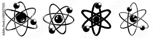 Set black and white silhouette atom vector for science icons and physics education. Ideal for chemistry labs, nuclear energy symbols, and academic research designs.