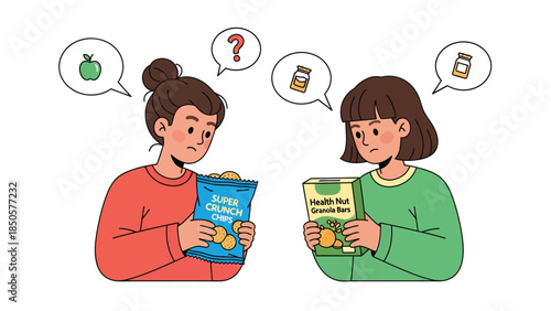 Confused Women Comparing Unhealthy Chips vs Healthy Granola Bar Making Diet Choices