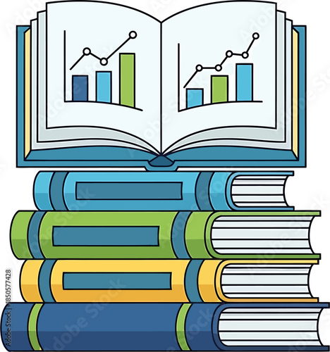 Open book with graphs and charts on pages, stack of books below, symbolizing education, learning, and data analysis