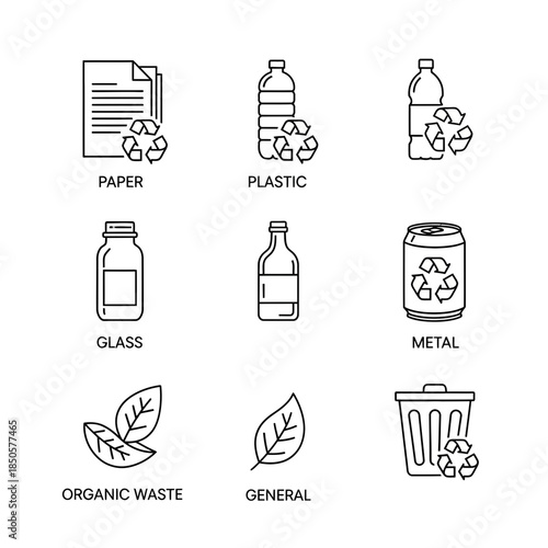 Promote recycling with these icons of paper, plastic, glass, metal, organic waste and general waste, all encouraging eco-friendly practices and sustainability