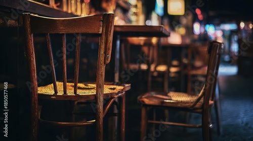 establishment. Vintage Italian bar interior with dark wood furniture and warm yellow lighting. real-estate listings.