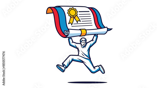 Successful Graduate Jumps for Joy Holding Diploma Certificate Achievement Success Education Graduation Award Certificate Ceremony Celebration