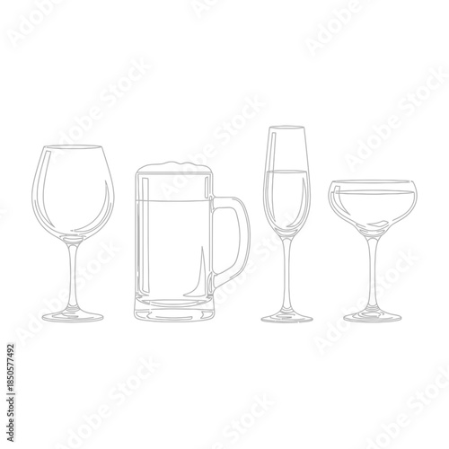 Elegant line art featuring a collection of sophisticated drinkware, including a wine glass, beer mug, champagne flute, and cocktail coupe, perfect for stylish designs