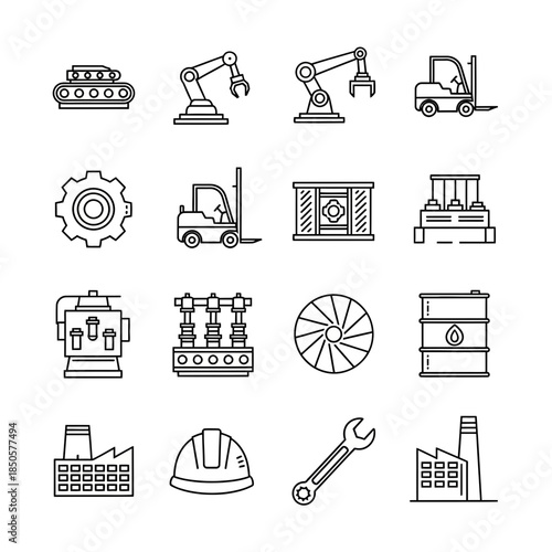 Automated industry with modern robotic engineering and manufacturing equipment including a forklift, conveyor belt, and hardhat for safety guidelines
