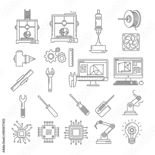 Explore modern 3D printing solutions and innovative technology with this vector graphics collection for engineering, manufacturing, and design projects