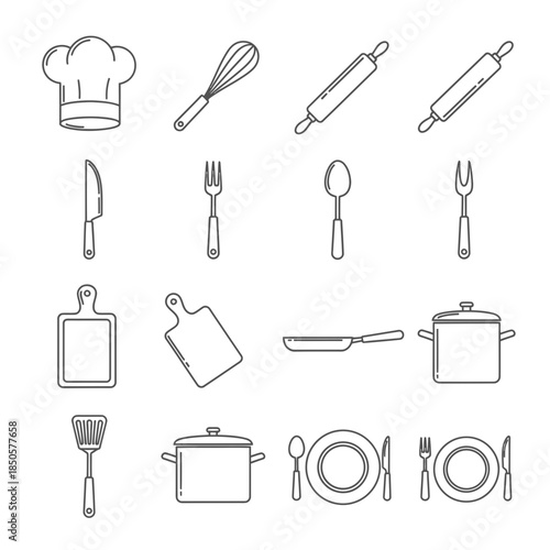 Cooking adventures await with this minimalist kitchen tool collection, perfect for culinary projects and stylish restaurant branding, a chef's dream