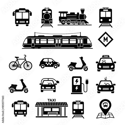 Seamless transportation icons showcase modern mobility options, including train, bus, taxi, car, scooter, and more for urban travel and city navigation