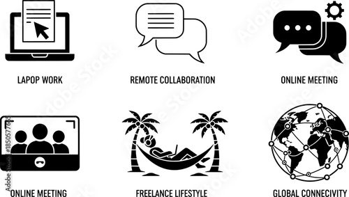 Black and white icons illustrating remote work, online collaboration, meetings, freelance lifestyle, and global connectivity concepts.