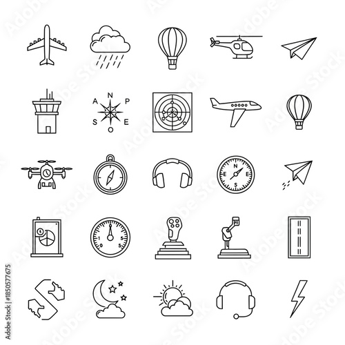 Explore aviation with these sleek, modern aircraft icons perfect for travel and industry projects, originally a scalable vector graphic