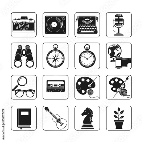 Vintage hobbies and interests icons, including photography, music, travel, and art, celebrating retro styles and creative passions, rendered with classic charm