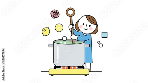 Cute Cartoon Woman Stirring Pot of Food on Stove Cooking Healthy Meal with Lemon and Flowers Illustration
