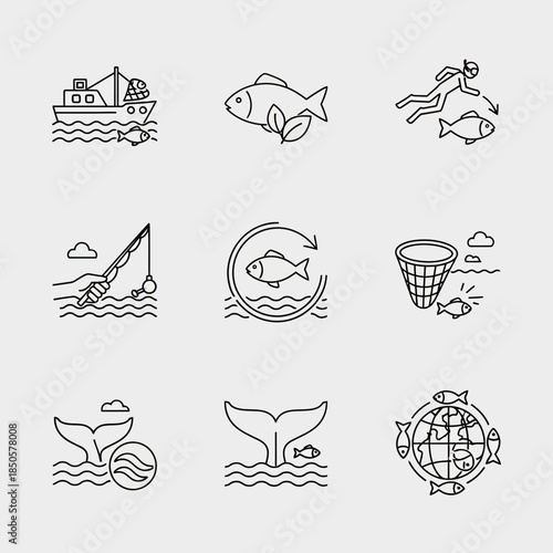 Sustainable fishing practices icons for a healthy ocean ecosystem, preserving marine life and promoting responsible seafood consumption in a modern, scalable design