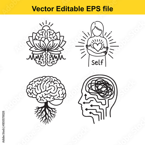  vector illustrations of brain and self care concepts in editable eps format for various uses