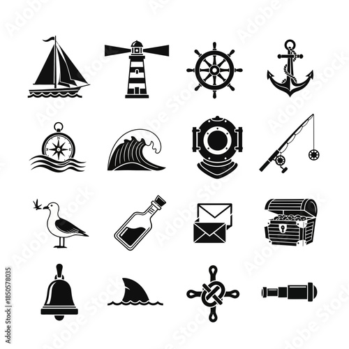 Nautical adventure awaits with this classic sea icon collection originally designed as scalable vector graphics, perfect for maritime themes and travel designs