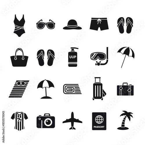 Summer vacation icons for travel and leisure needs, offering a blend of relaxation and adventure, perfect for travel agencies and tourism promotions