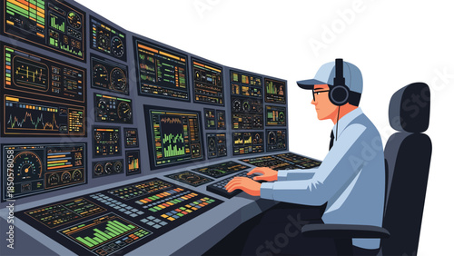 Control Room Operator Monitors Complex Data on Multiple Screens Futuristic Technology Data Analysis System Management Cybersecurity Network Operations Center