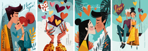 Bright vector illustration of couples on the theme of love and February 14th. Flat Stylish Romantic Valentine's Day Greeting Cards