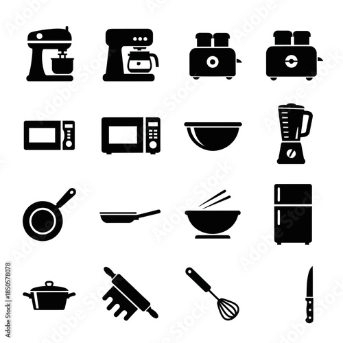 Essential cooking appliances and utensils icons for modern kitchen design, ideal for minimalist recipes and stylish home interiors, vector-based clarity