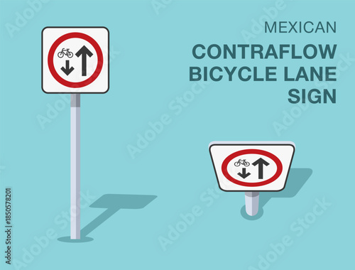 Traffic regulation rules. Isolated mexican "contraflow bicycle lane" road sign. Front and top view. Flat vector illustration template.