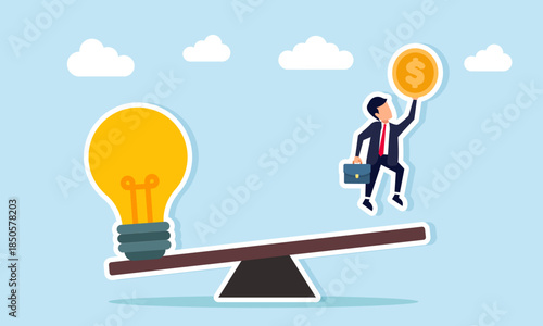 Businessman jumping from a seesaw with a dollar coin while the other side has a light bulb illustrating how good ideas and innovation can increase business profit