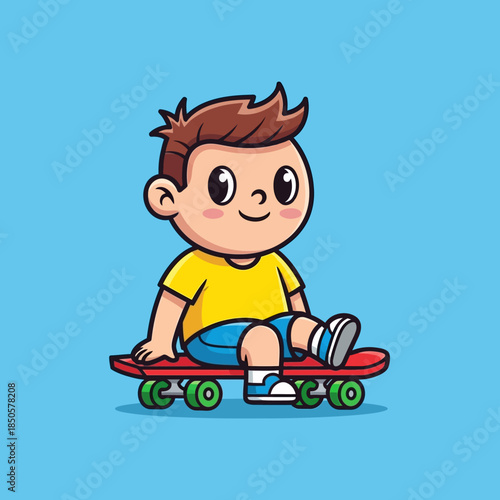 Cartoon boy sitting on a skateboard with a happy expression against a blue background