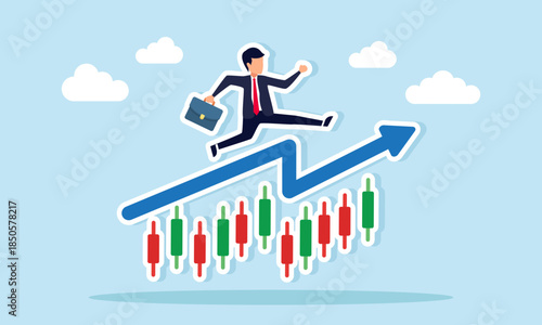 Businessman running and jumping on a chart above a candlestick graph illustrating rising valuation and increasing profit from stock trading and investment