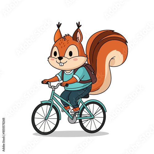 Whimsical squirrel cyclist cartoon illustration evokes childhood memories with a cheerful adventure