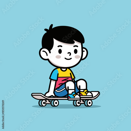 Cheerful kid enjoying skateboarding leisure time and wearing a colorful shirt against a vibrant