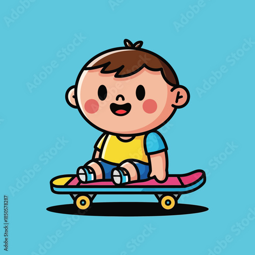 Cartoon depiction of a cheerful boy riding a skateboard with light blue background design