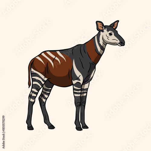 Okapi vector illustration, African forest giraffe with zebra-like striped legs, isolated on light background
