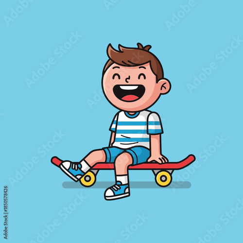 Cartoon illustration of a cheerful boy sitting on a skateboard with light blue backdrop